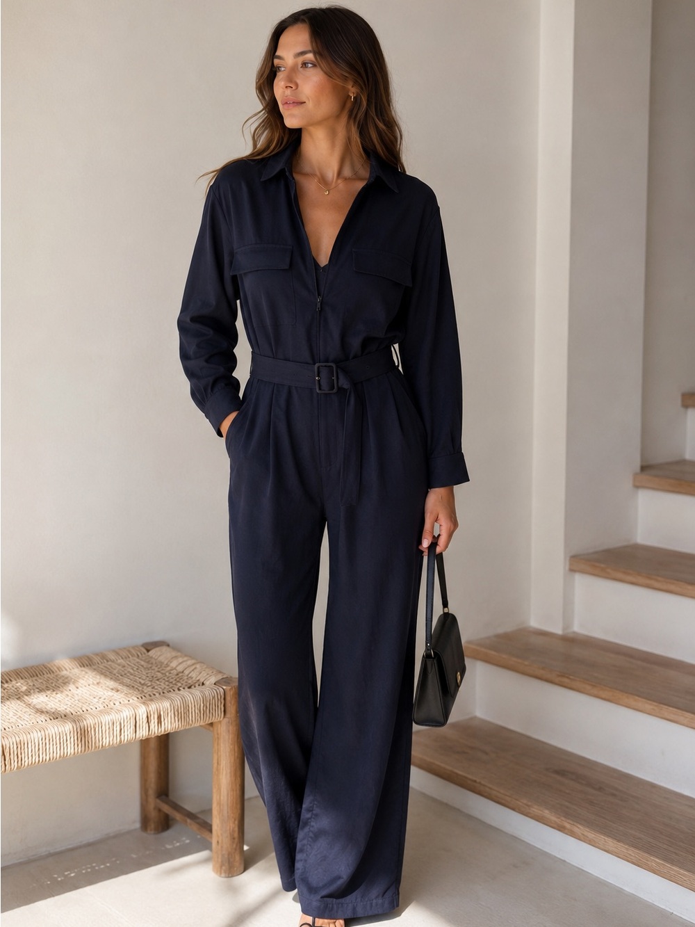 Classic Zara Black Long-Sleeve Belted Jumpsuit